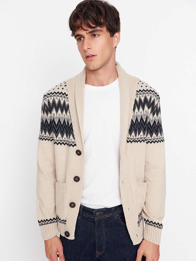 Buy Trendyol Men Beige Black Printed Cardigan Sweaters for Men 19556848 Myntra