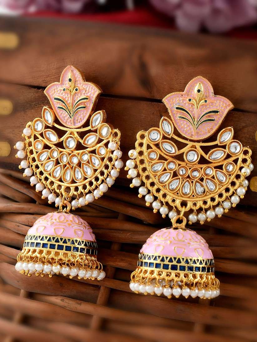 Buy DASTOOR Women Gold Pleated Pink Contemporary Jhumkas Earrings Earrings for Women 19569376 Myntra