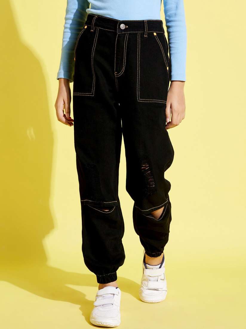 Girls black distressed jeans top
