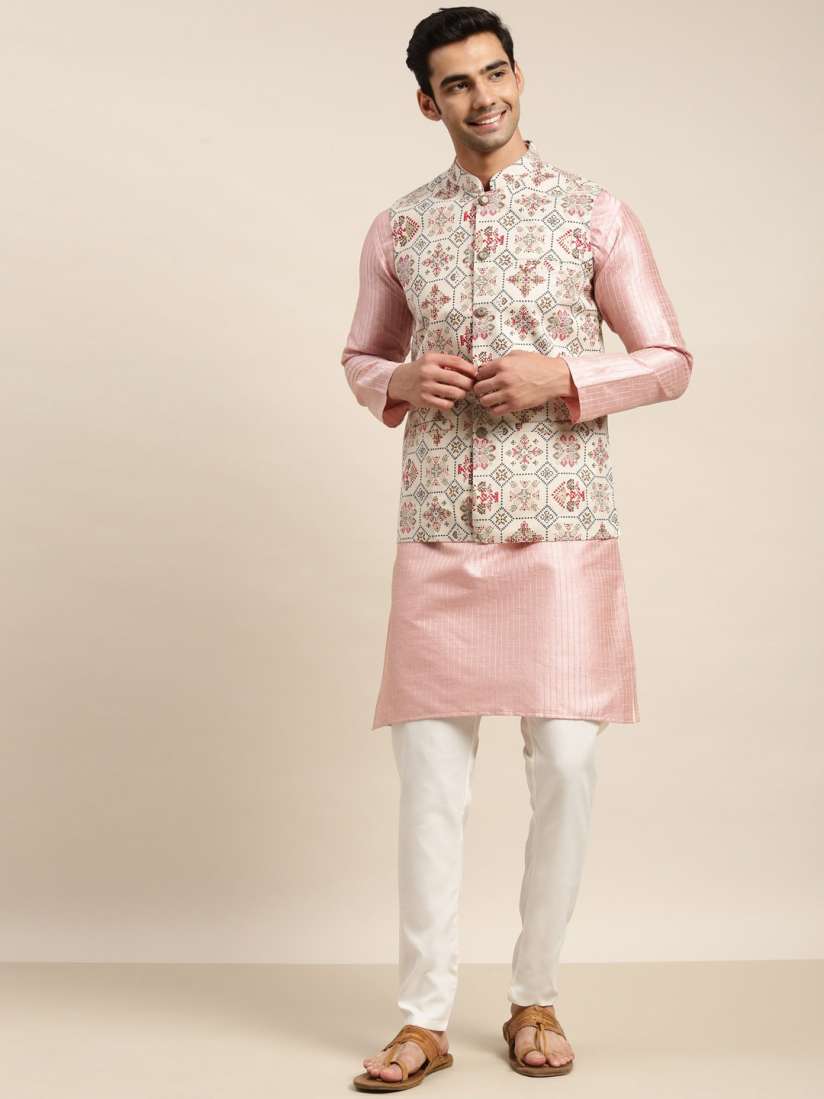 Buy SOJANYA Men Pink Solid Kurta Churidar Comes With a Nehru Jacket Kurta Sets for Men 19591490 Myntra