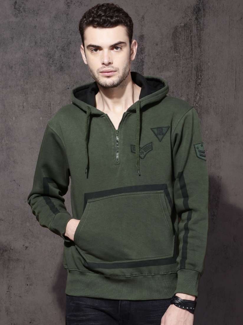Buy Roadster Men Olive Green Solid Hooded Sweatshirt Sweatshirts for Men 1959471 Myntra
