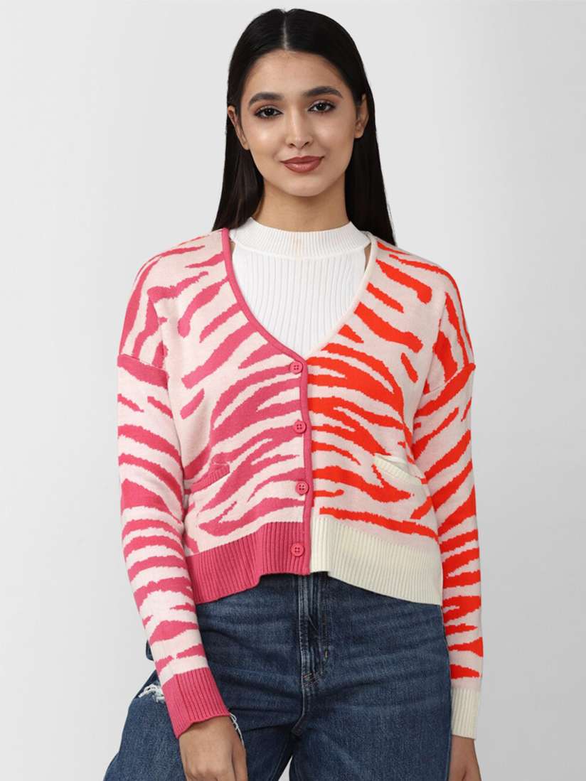 Buy FOREVER 21 Women Pink Orange Printed Acrylic Cardigan Sweaters for Women 19599118 Myntra