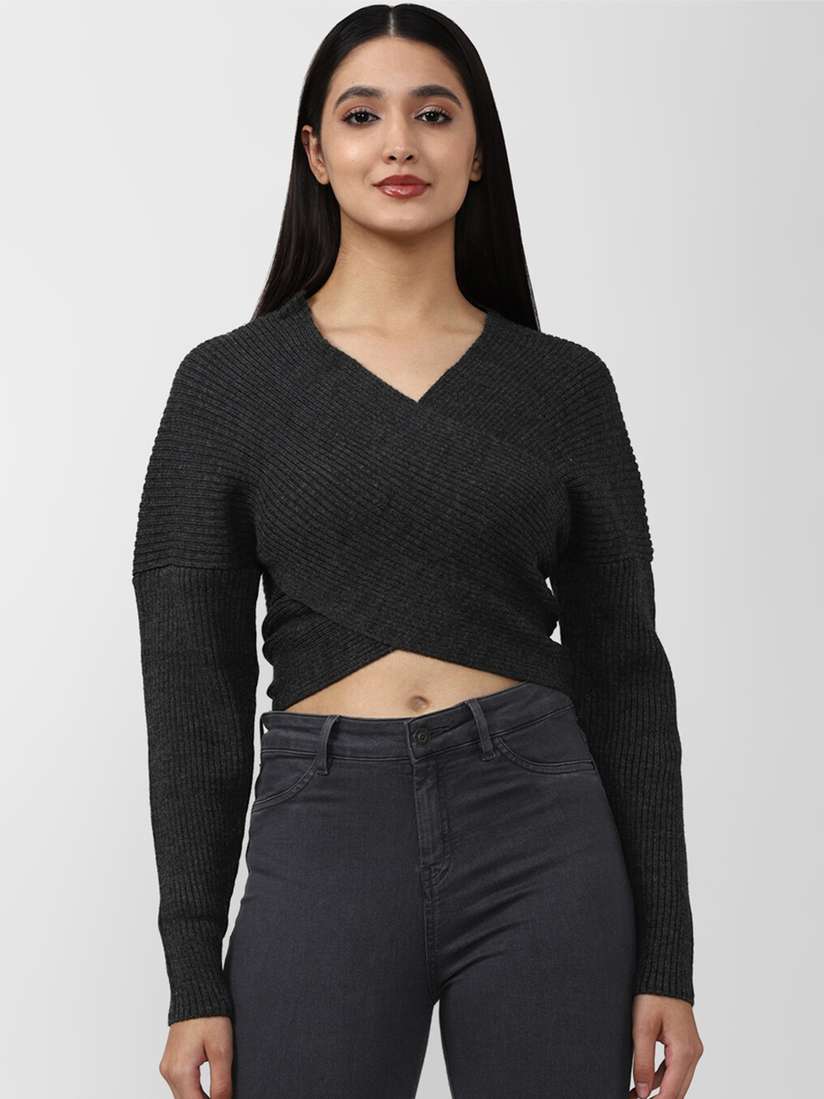 Buy FOREVER 21 Women Charcoal Solid Pullover Sweaters for Women
