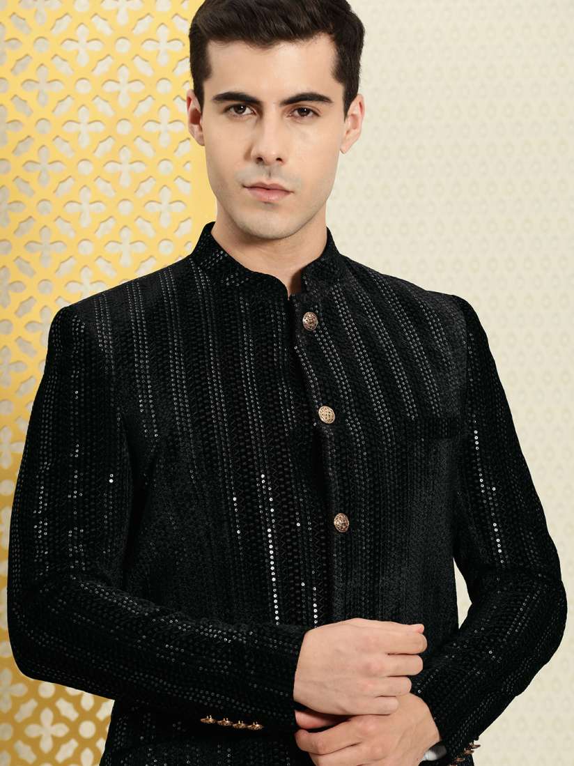 Buy House of Pataudi Men Jashn Mandarin Collar Velvet Sequined Bandhgala Blazer Blazers for Men 19603856 Myntra