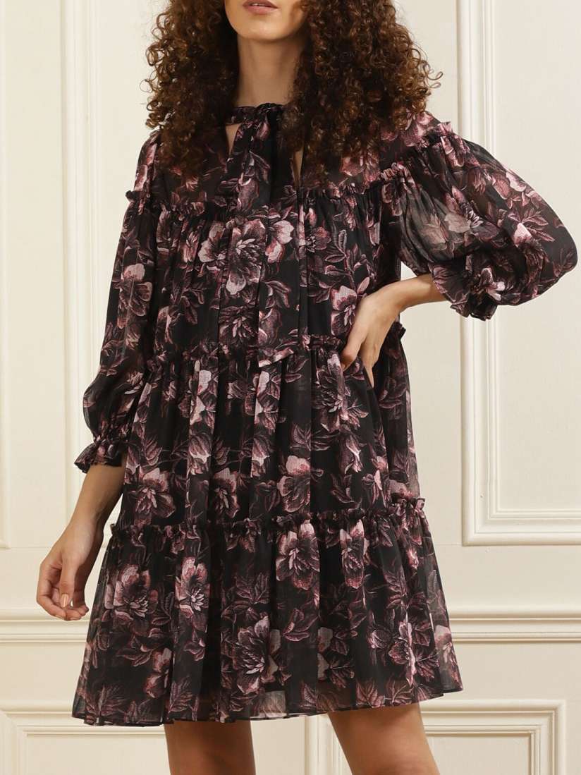 Buy Ted Baker Women Black Floral Tie Up Neck Tiered A Line Dress Dresses for Women 19604106 Myntra