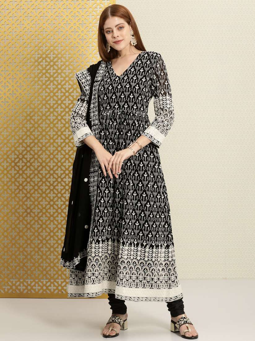 Buy House of Pataudi Women Black White Embroidered Jashn Kurta with Churidar Dupatta Kurta Sets for Women 19606620 Myntra