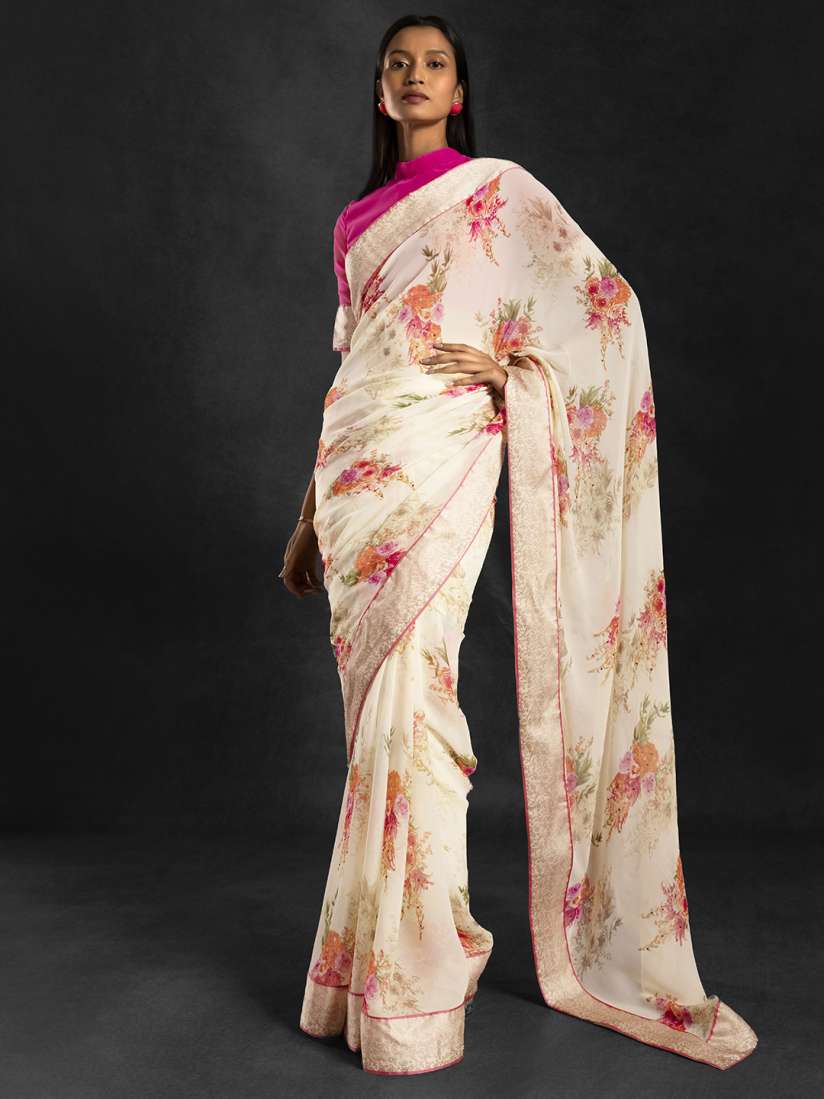 Buy Soch Cream Coloured Pink Floral Pure Georgette Saree Sarees for Women 19625234 Myntra