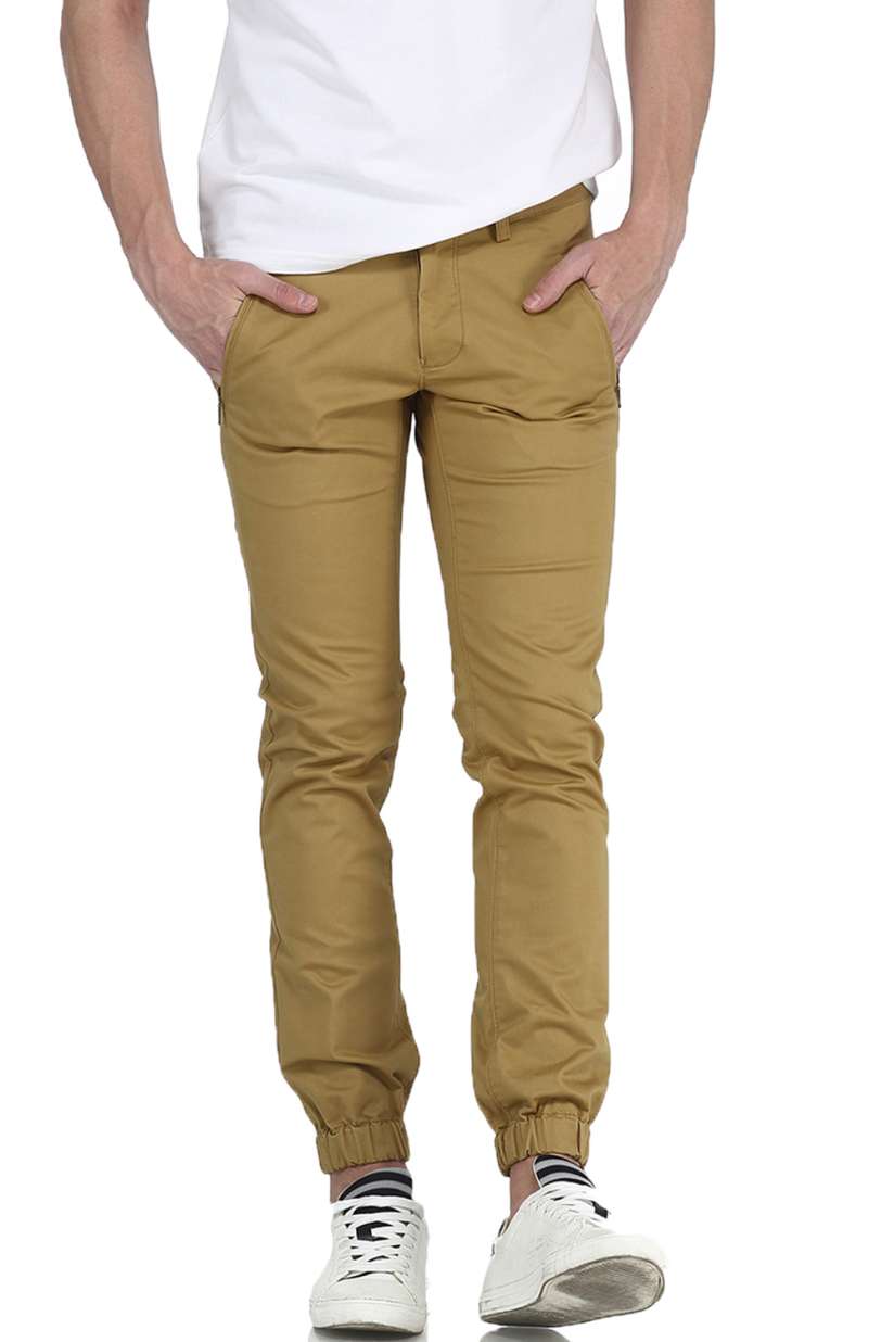 Buy Basics Men Khaki Tapered Fit Solid Joggers Trousers for Men 1963983 Myntra