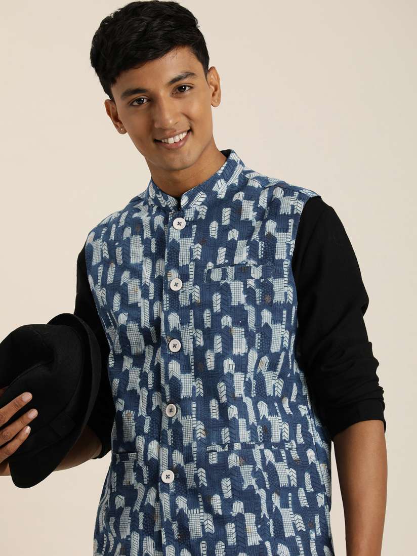 Buy Taavi Indigo Geometric Printed Pure Cotton Zari Work Nehru Jacket Nehru Jackets for Men 19640606 Myntra