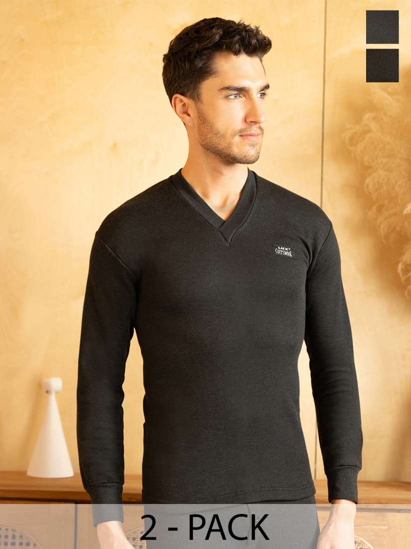 Buy Lux Cottswool Men Pack Of 2 Black Solid Cotton Thermal Tops Thermal Tops for Men 19641272 Myntra