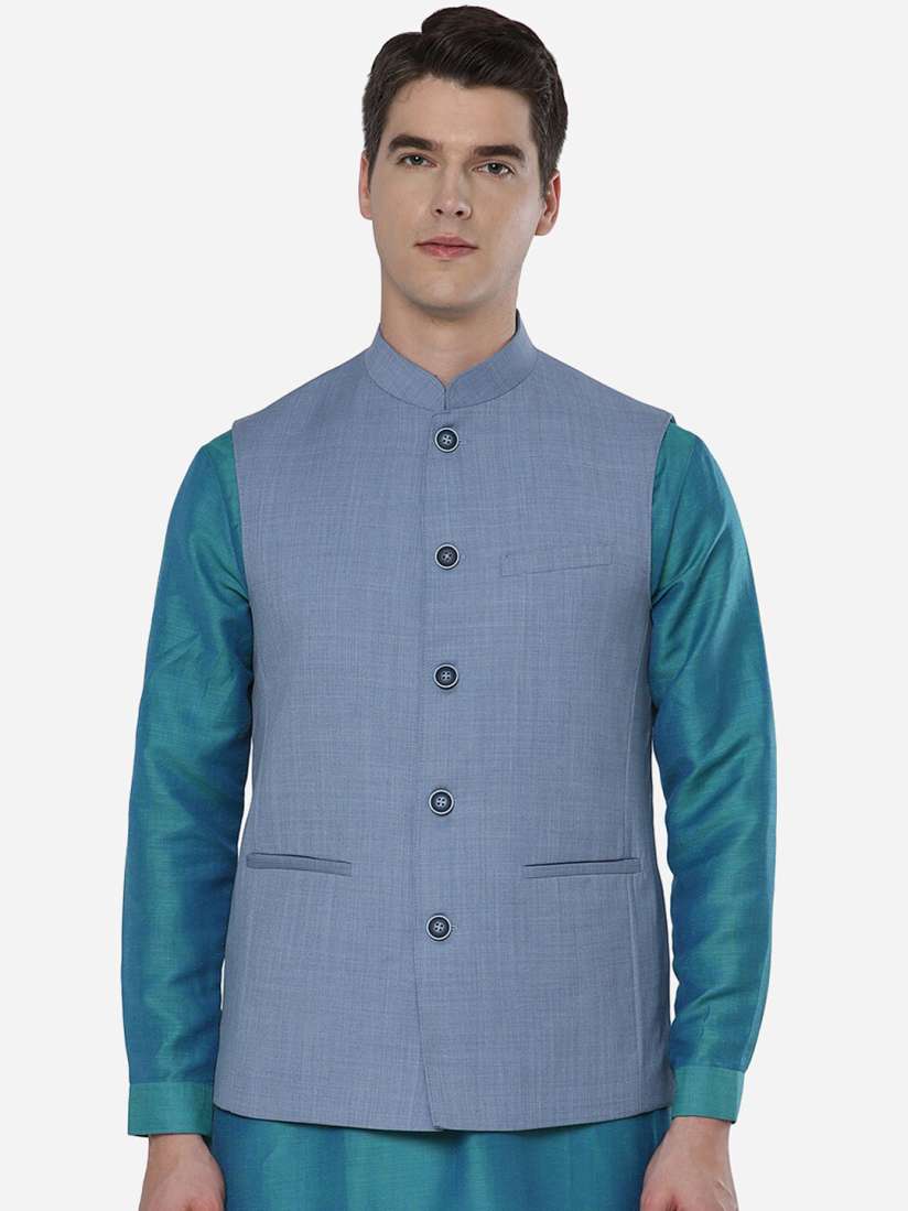 Jade blue nehru jacket on sale