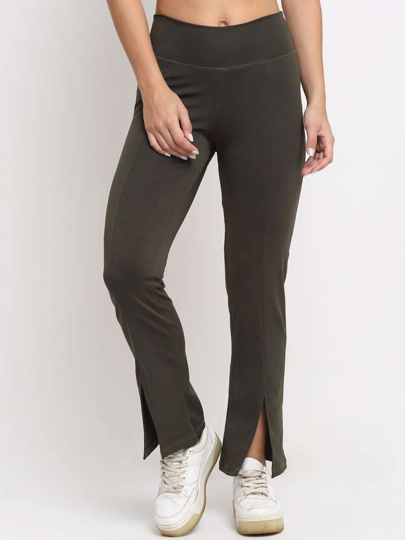 Buy EVERDION Women Olive Green High Rise Front Slit Yoga Pant Trousers for Women 19650850 Myntra