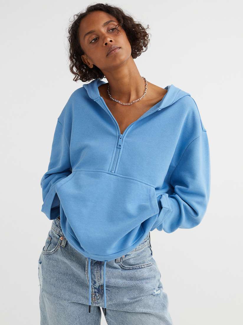 Buy H M Women Blue Solid Half Zip Hoodie Sweatshirts for Women 19677606 Myntra