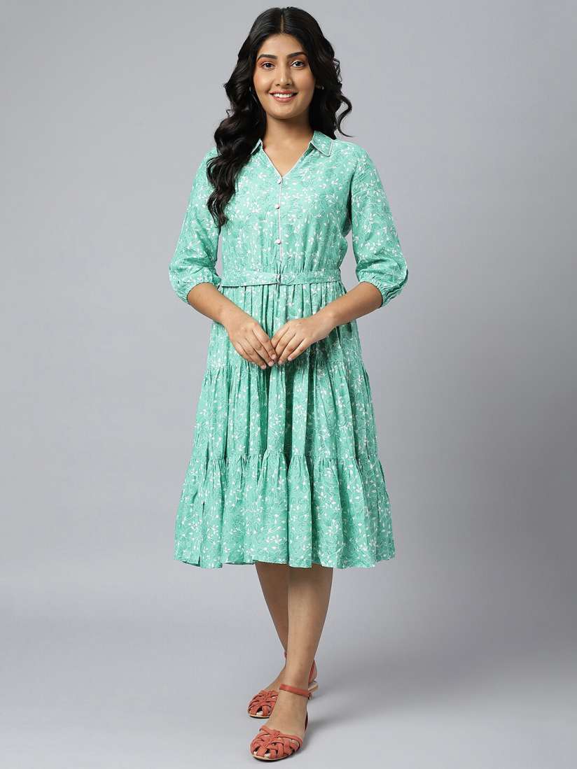 Buy AURELIA Green White Floral Printed Midi Dress Dresses for Women 19678542 Myntra