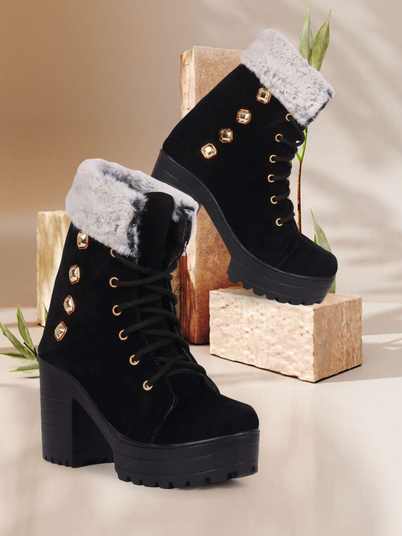 Buy TWIN TOES Women Black Embellished Block Heeled Winter Boots Boots for Women 19679214 Myntra
