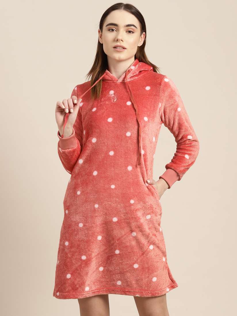 Buy Sweet Dreams Polka Dots Hooded Fleece Nightdress Nightdress for Women 19681812 Myntra