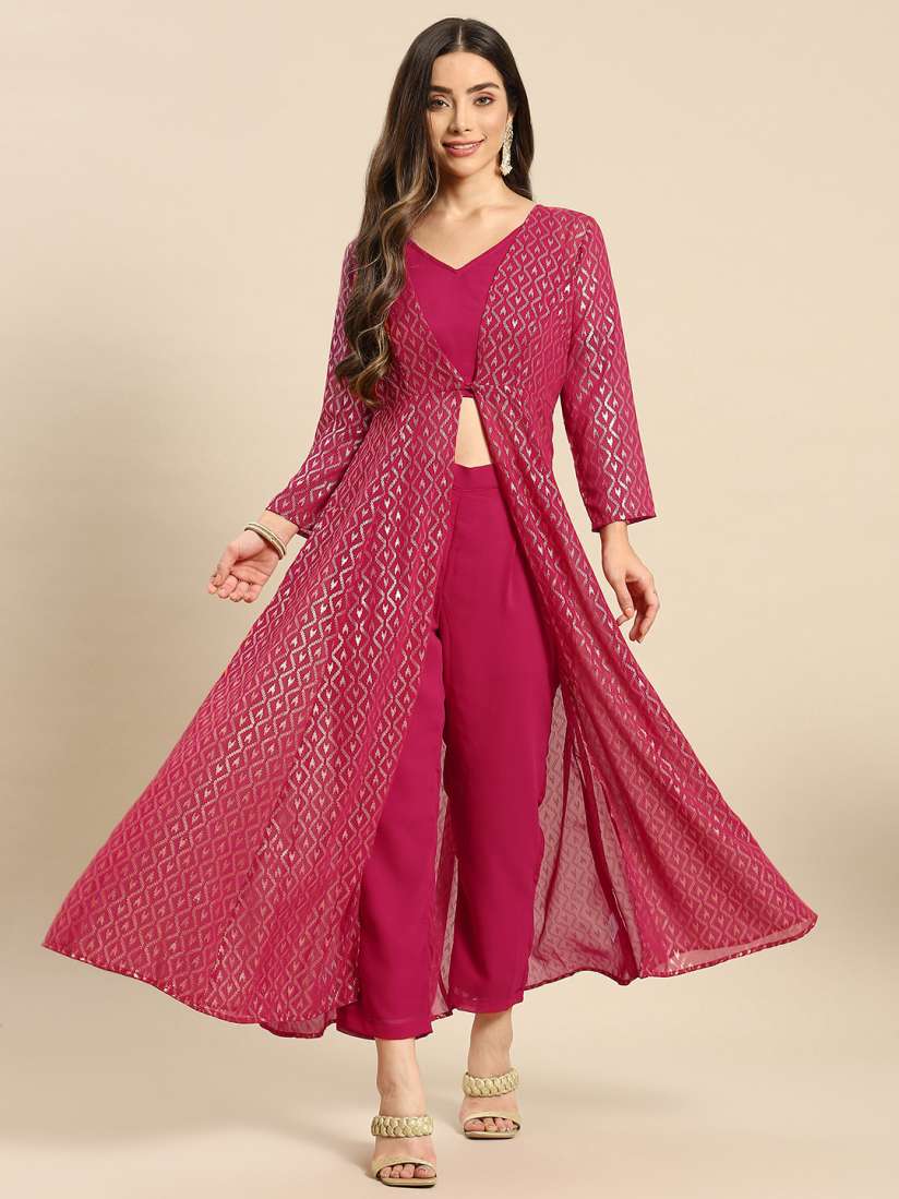 Buy MABISH by Sonal Jain Women Magenta Ethnic Motifs Printed Layered Kurta with Trousers Kurta Sets for Women 19691556 Myntra