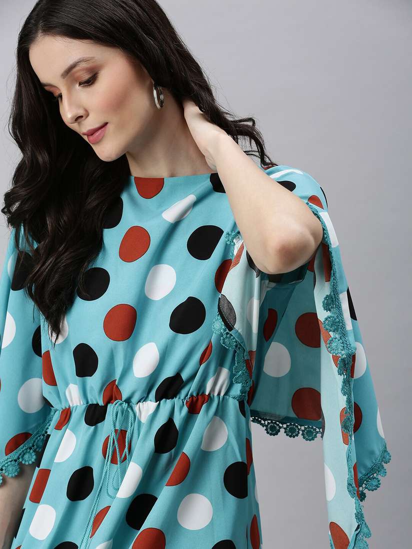 Buy SHOWOFF Blue Black Polka Dots Printed Crepe Kaftan Dress