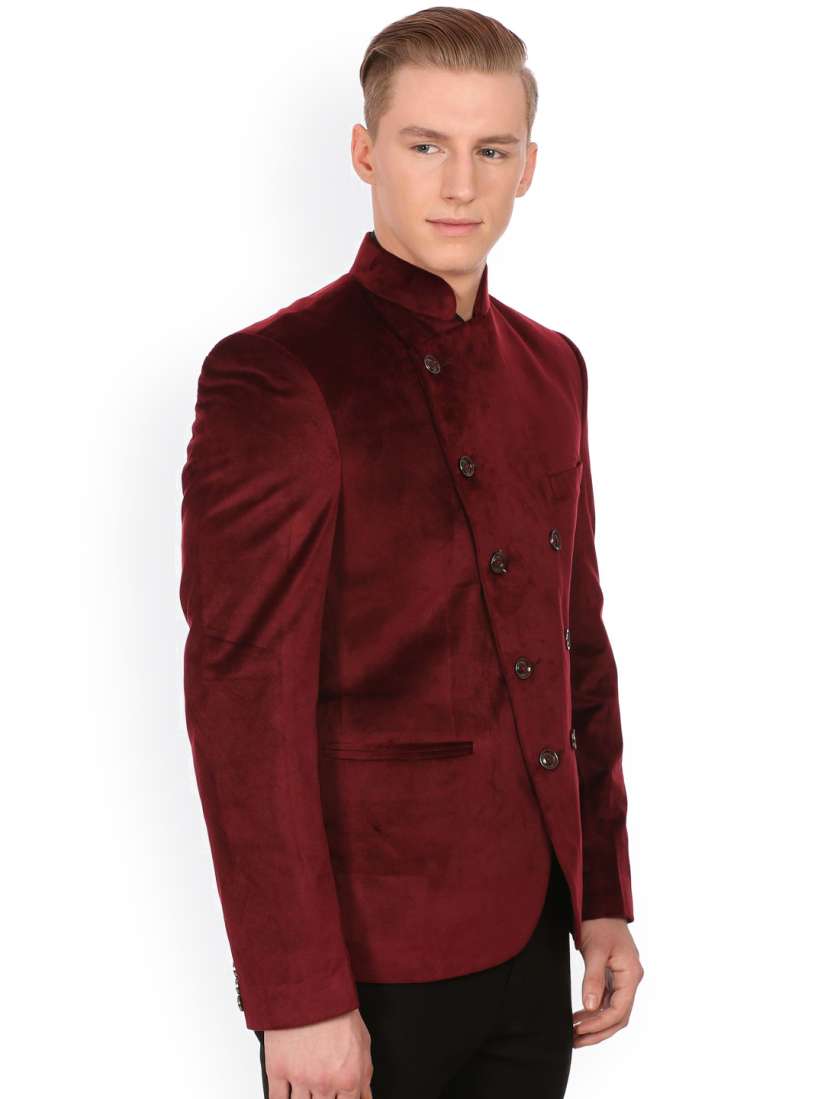 Buy Wintage Men Maroon Velvet Grandad Collar Ceremony Tailored Fit Ethnic Bandhgala Blazer Blazers for Men 1970463 Myntra
