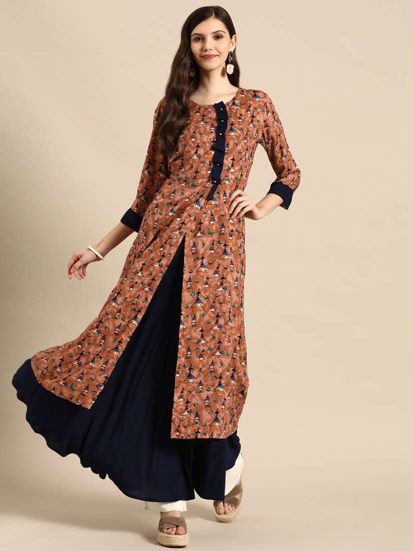 Buy Sangria Brown Navy Blue Ethnic Motifs Printed Pure Cotton Anarkali Kurta Kurtis for Women 19705840 Myntra