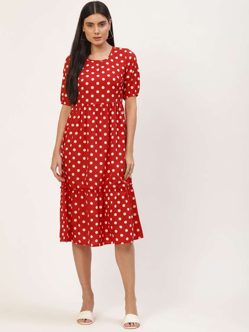 Red and white polka dot midi dress deals