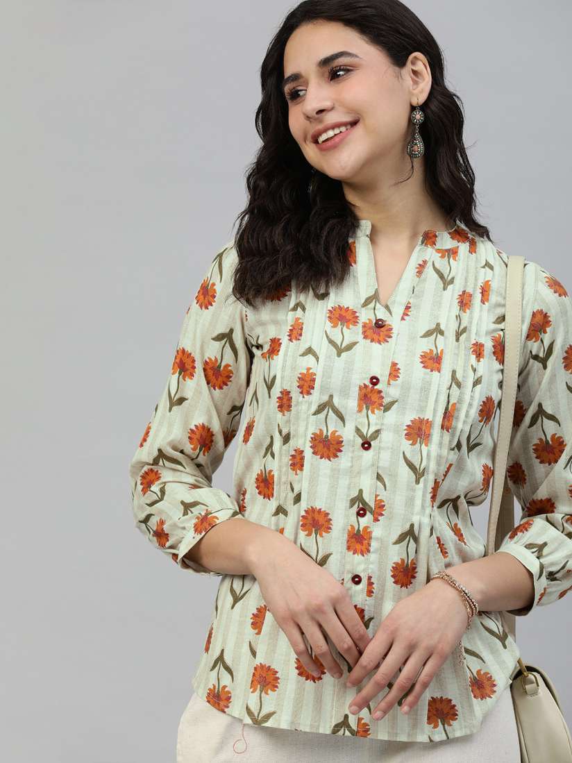 Buy MALHAAR Off White Beige Floral Print Pure Cotton Pleated Kurti Kurtis for Women 19722650 Myntra