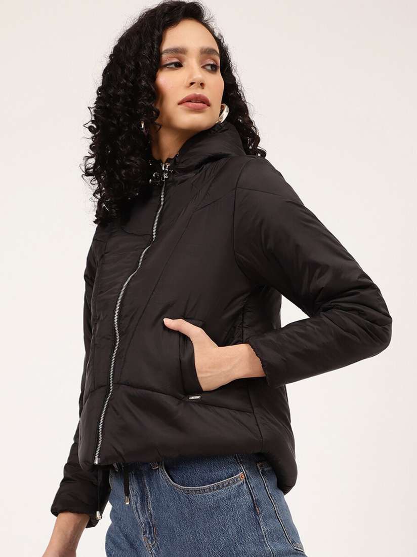 Buy ELLE Women Black Hooded Crop Puffer Jacket Jackets for Women 19731812 Myntra