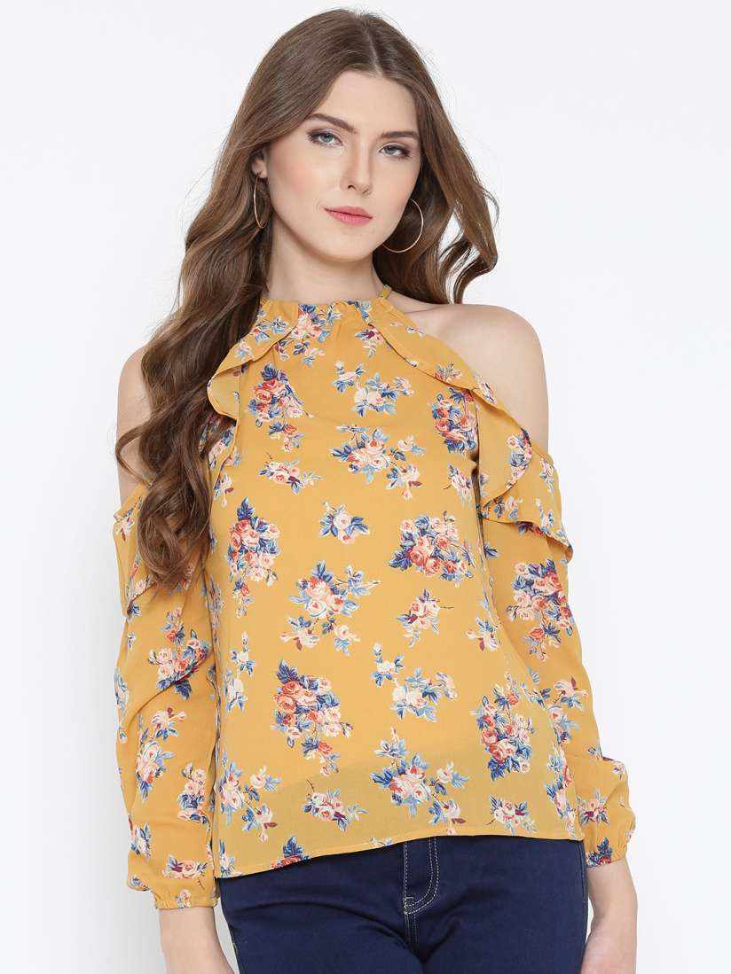 Buy Sera Women Mustard Yellow Floral Print Cold Shoulder Top Tops for Women 1973707 Myntra