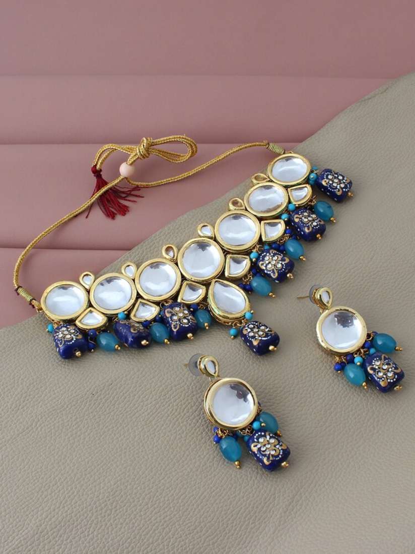 Buy LUCKY JEWELLERY 18k Gold Plated White Blue Kundan Studded Beaded Meenakari Jewellery Set Jewellery Set for Women 19739374 Myntra