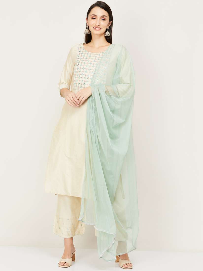Buy Melange by Lifestyle Women Off White Mirror Work Empire Kurti With Trouser Dupatta Kurta Sets for Women 19762100 Myntra
