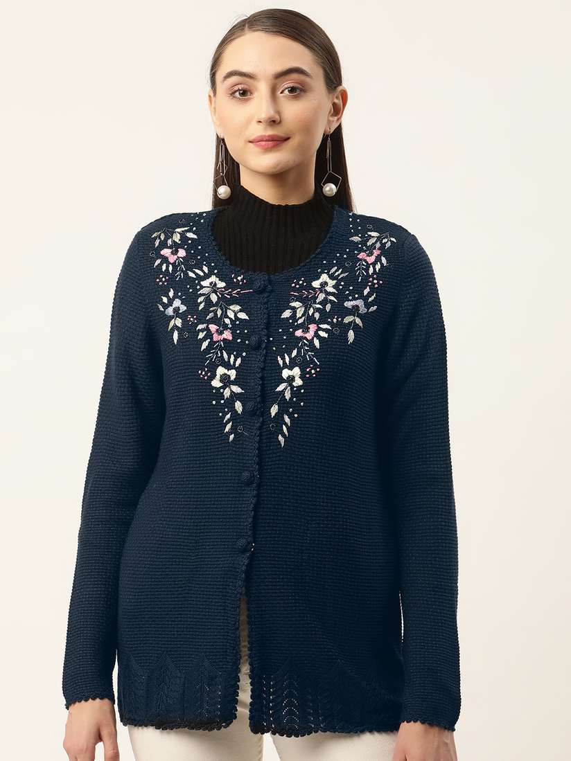 APSLEY Women Navy Blue Embroidered Detail Cardigan