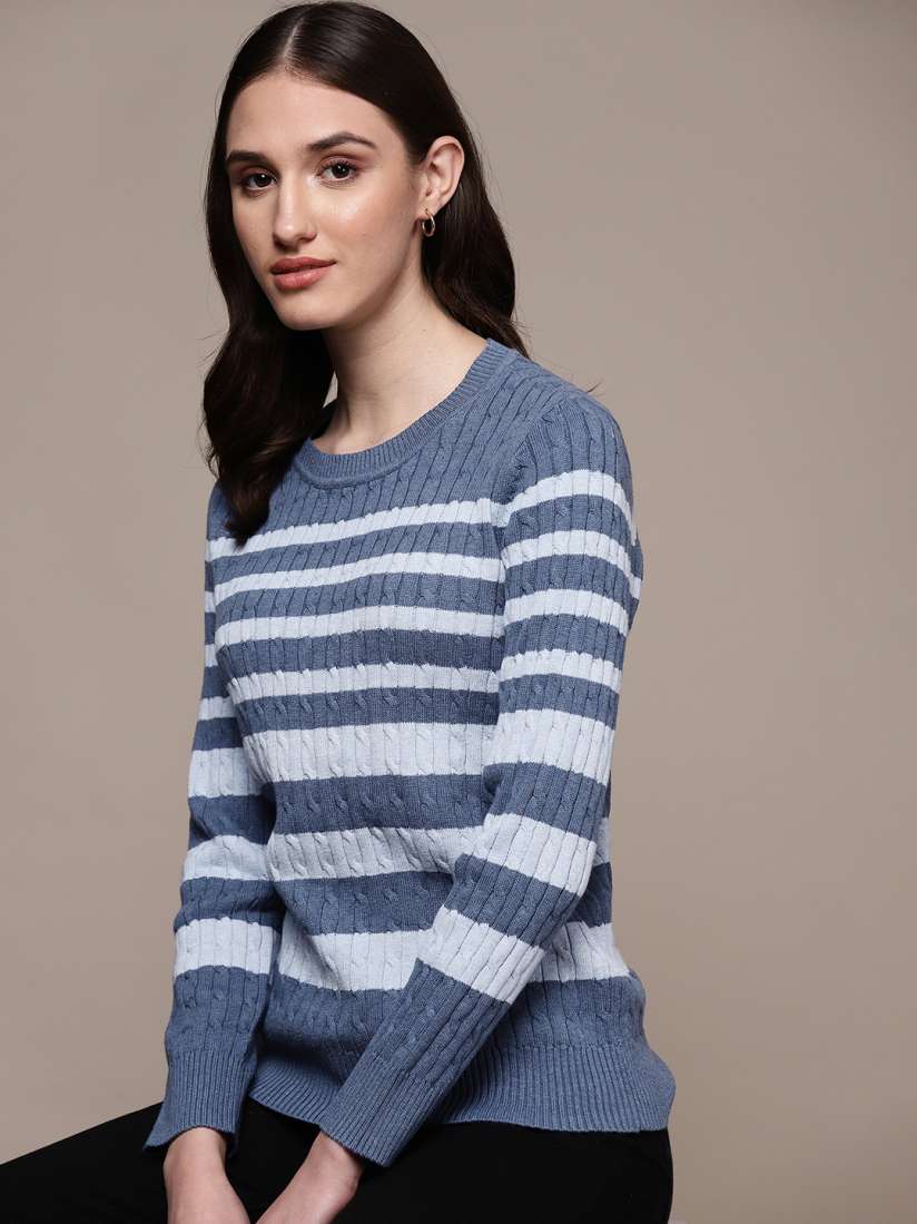 Buy Macy s Karen Scott Women Pure Cotton Cable Knit Striped Pullover Sweaters for Women 19768348 Myntra