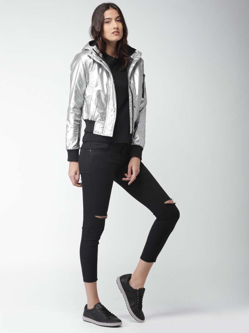 Buy Mast Harbour Women Metallic Silver Toned Solid Hooded Bomber Jacket Jackets for Women 1977653 Myntra
