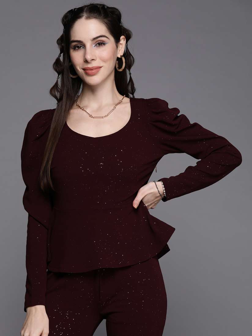 Burgundy peplum top shop