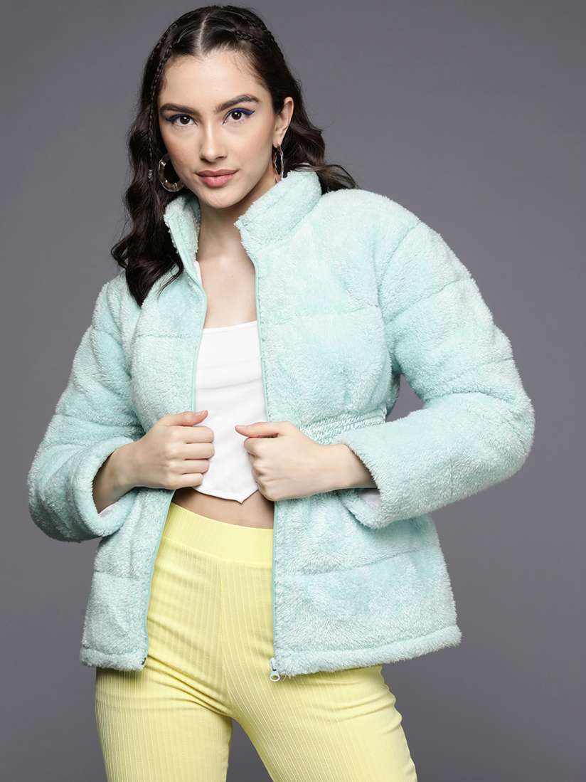 Buy SASSAFRAS Women Turquoise Blue Elasticated Waistband Padded Fur Jacket Jackets for Women 19780242 Myntra
