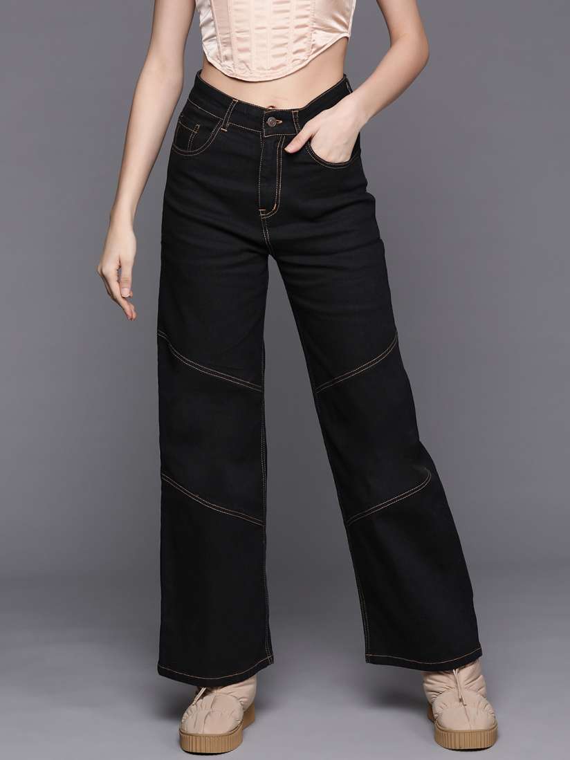 Buy SASSAFRAS Women Black Straight Fit Contrast Stitch Detail High Rise Stretchable Jeans Jeans for Women 19780278 Myntra