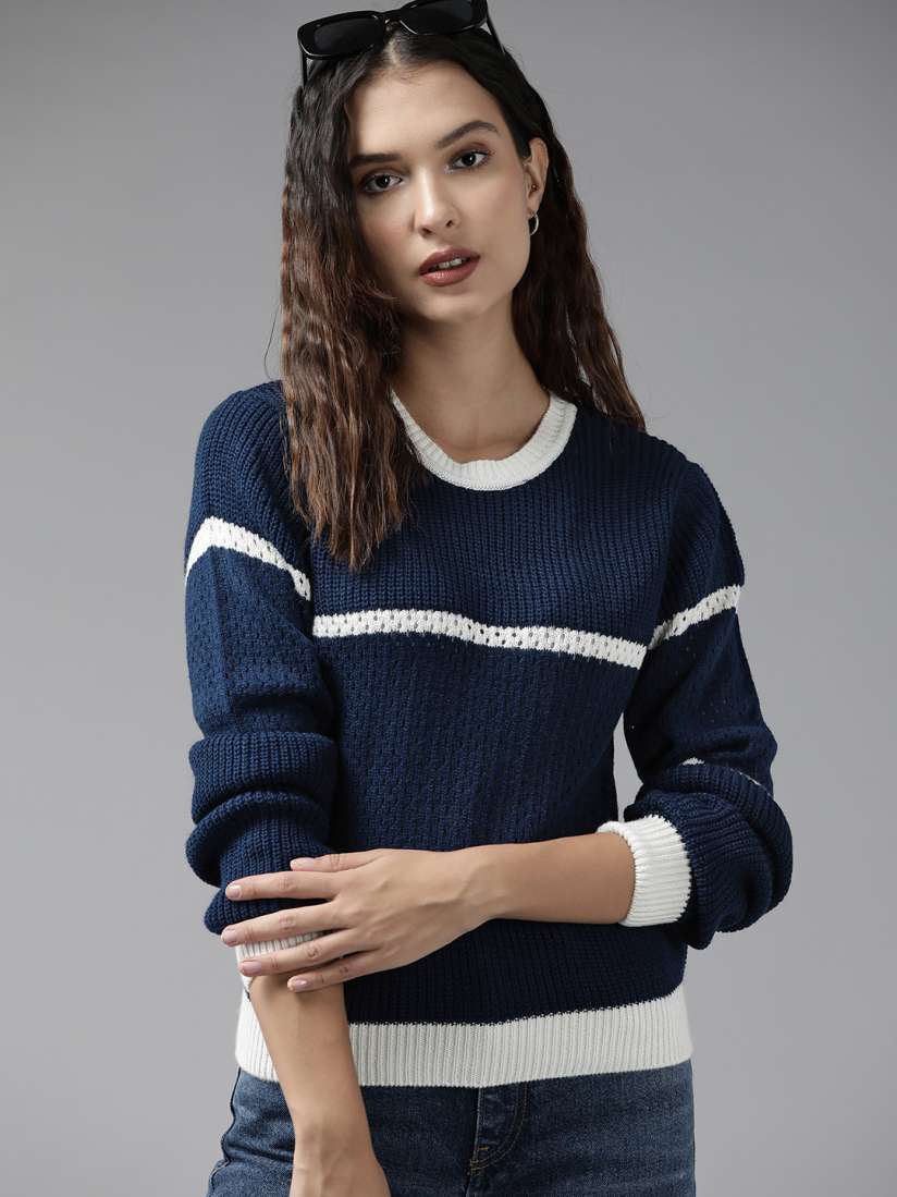 Buy Roadster Women Navy Blue White Striped Pullover Sweaters for Women 19798084 Myntra