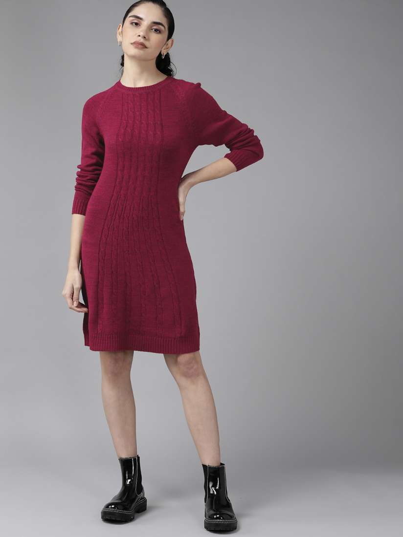 Buy Roadster Women Maroon Cable Knit Sweater Dress Dresses for Women 19798096 Myntra