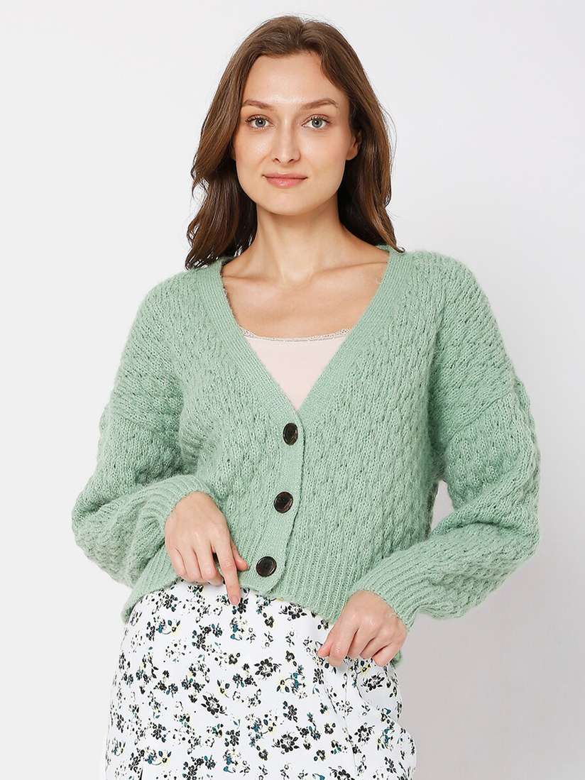 Myntra Moda Cardigan Vero Moda Women Green Cable Knit Crop Cardigan