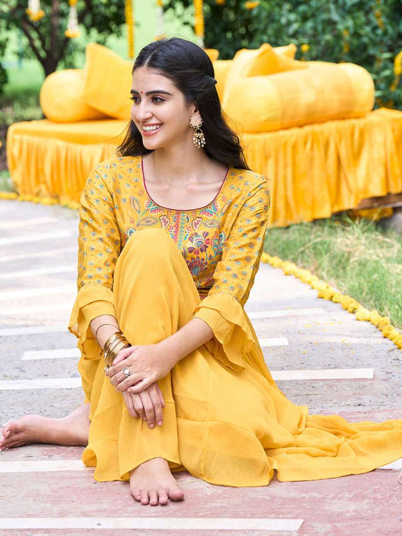 Buy AURELIA Women Yellow Blue Ethnic Motifs Chiffon A Line Midi Dress Dresses for Women 19820094 Myntra