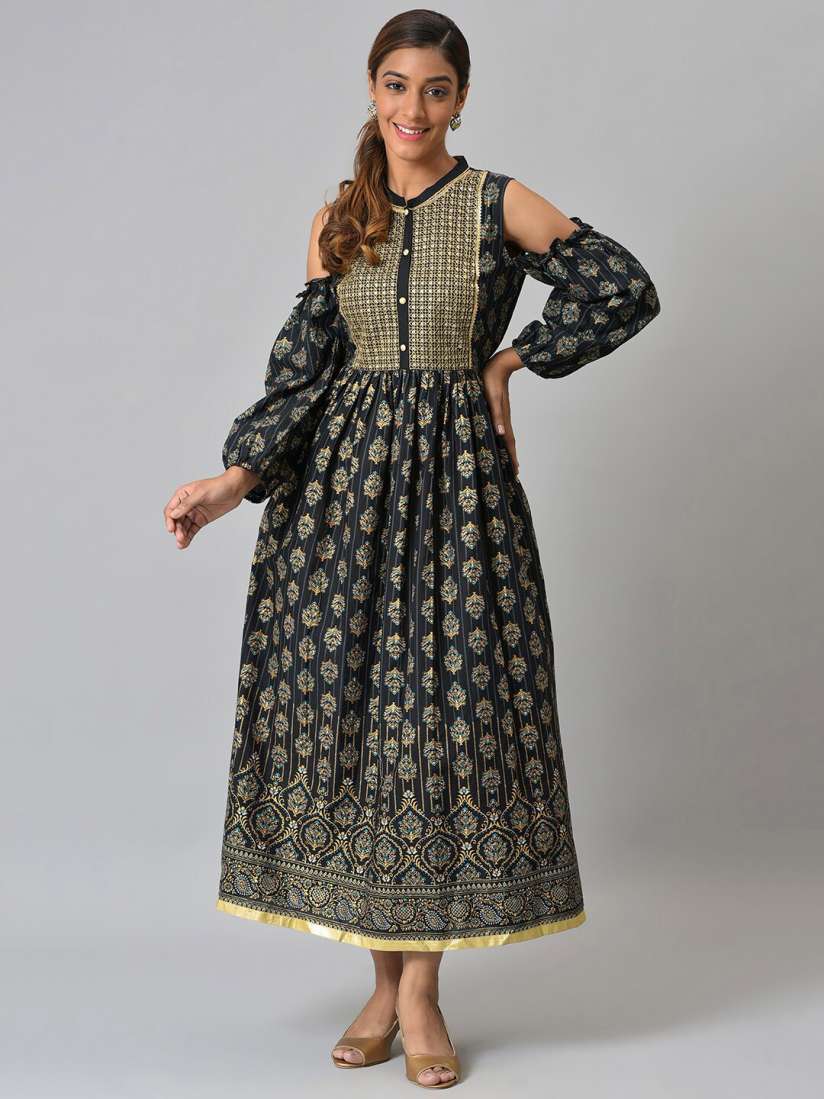 Buy AURELIA Women Black Beige Ethnic Motifs Pure Cotton Maxi Dress Dresses for Women 19820100 Myntra