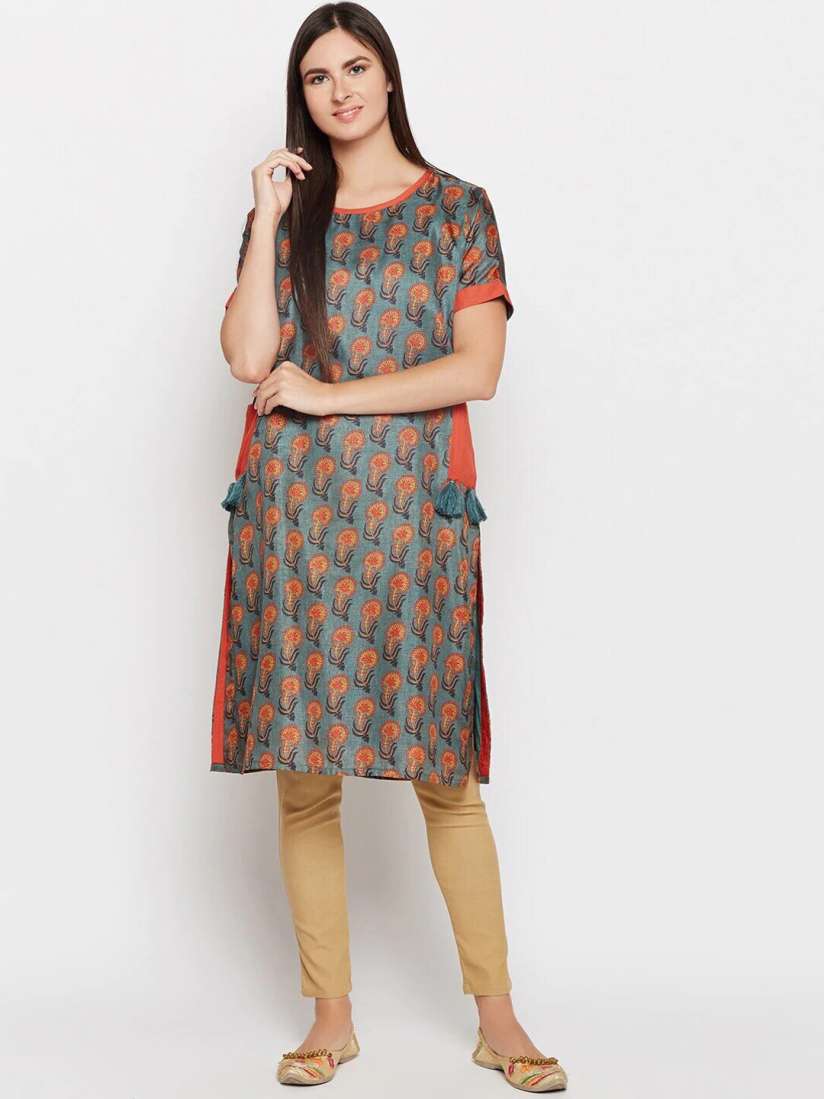 Buy Be Indi Women Teal Orange Floral Printed Straight Kurta Kurtas for Women 19820342 Myntra