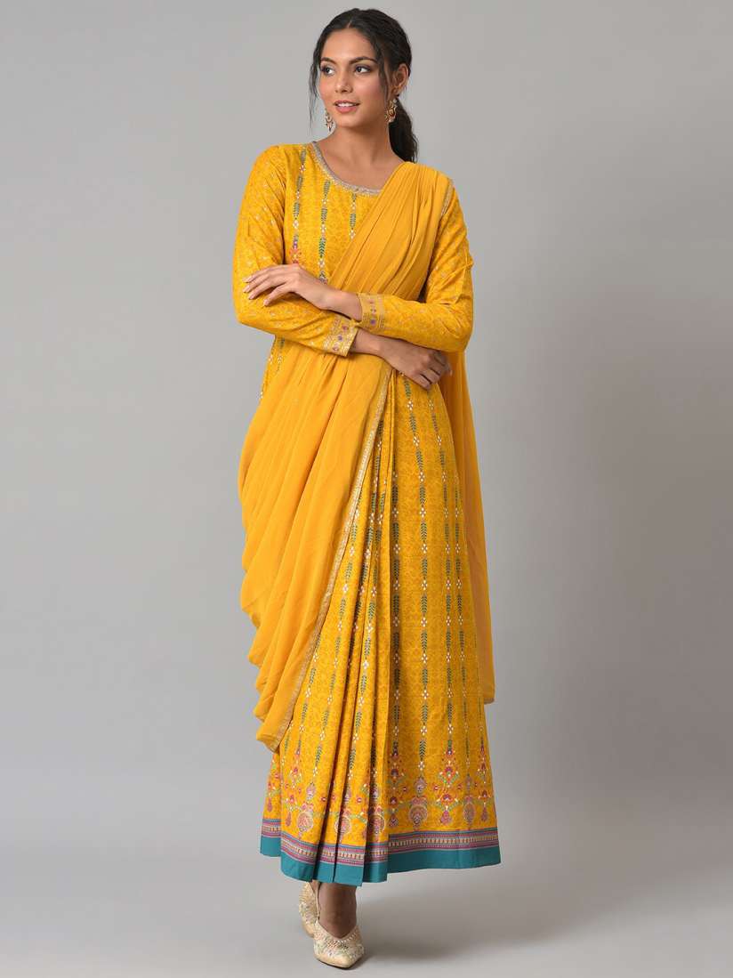 Buy W Yellow Glitter Printed Festive Insta Saree Dress with Belt Ethnic Dresses for Women 19822880 Myntra