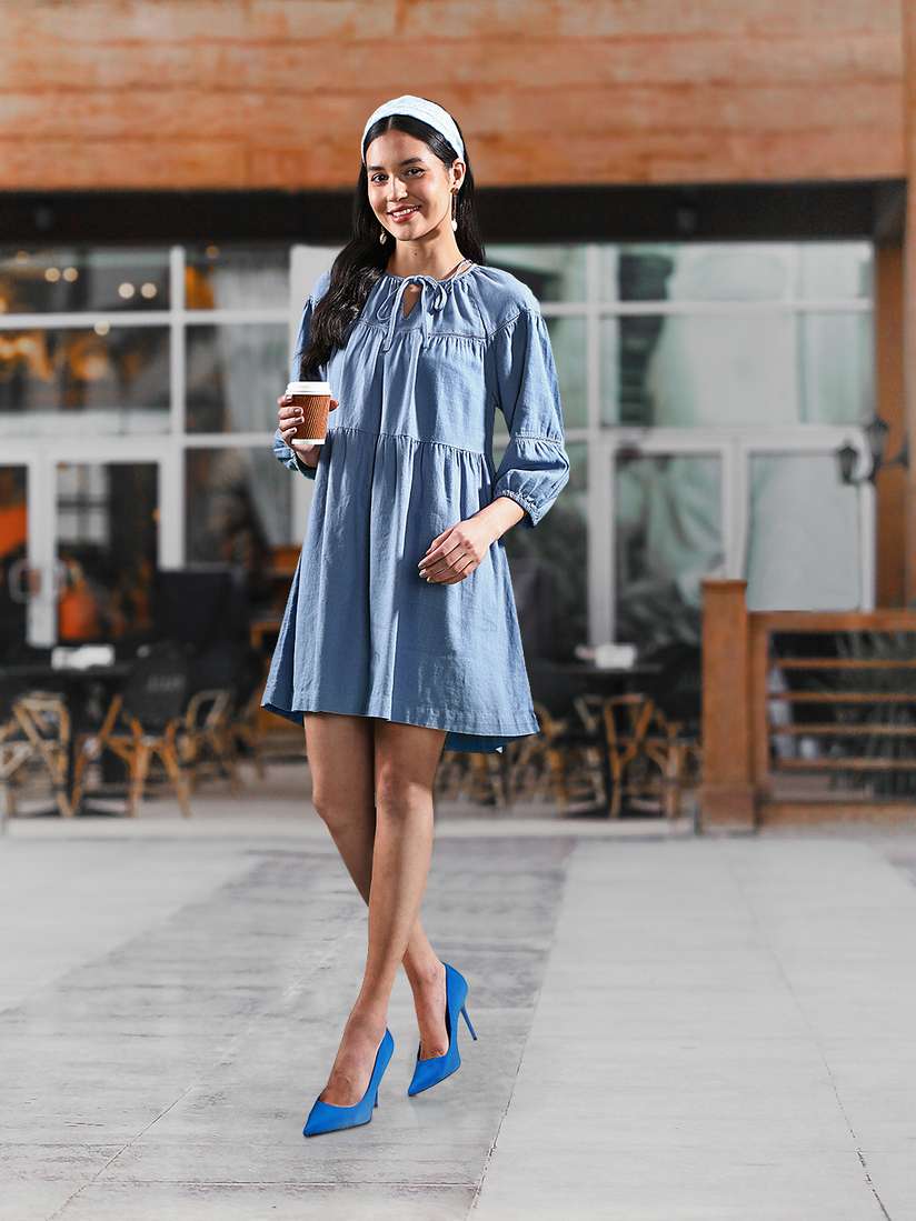 Linen Marks And Spencer Dresses Marks Spencer Blue Tie-Up Neck