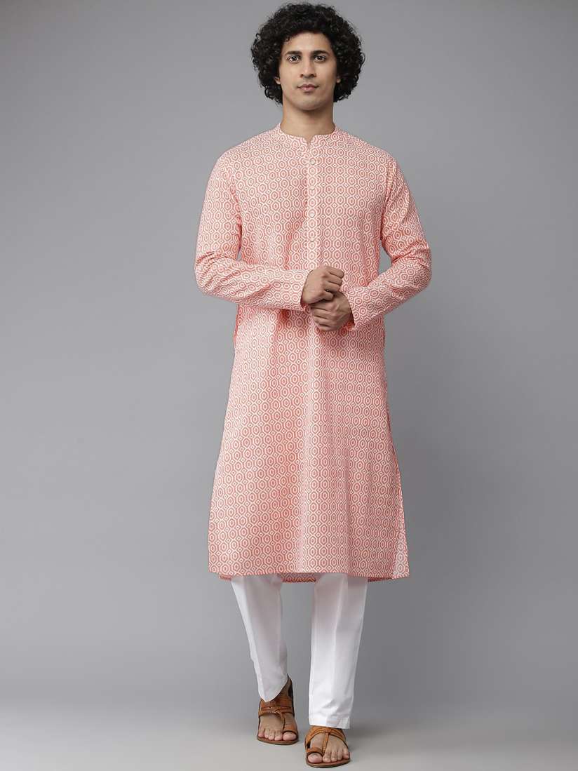 Buy See Designs Men Peach Coloured Geometric Printed Pure Cotton Kurta Kurtas for Men 19834522 Myntra