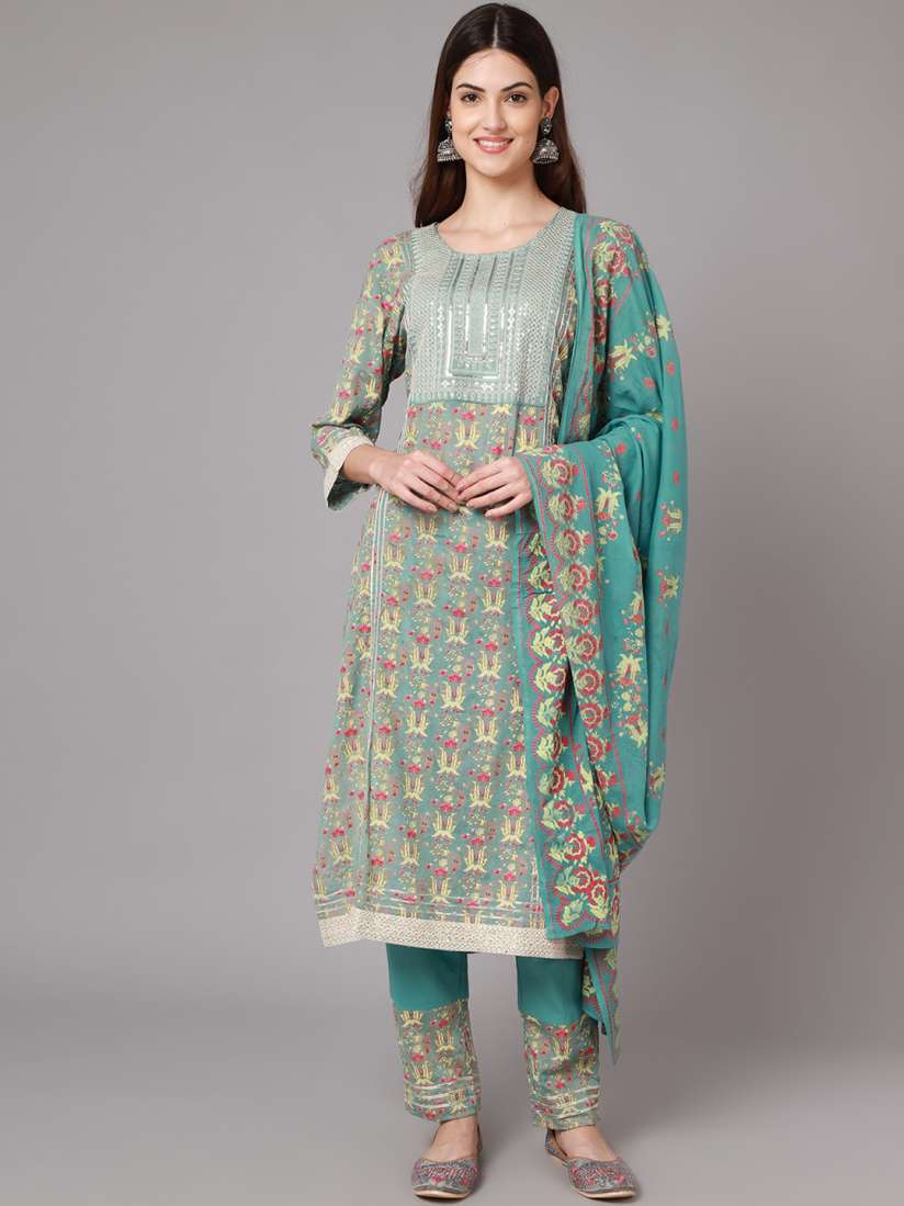 Buy ANAISA Women Blue Ethnic Motifs Embroidered Layered Sequinned Chanderi Silk Kurti with Trousers With Kurta Sets for Women 19835204 Myntra