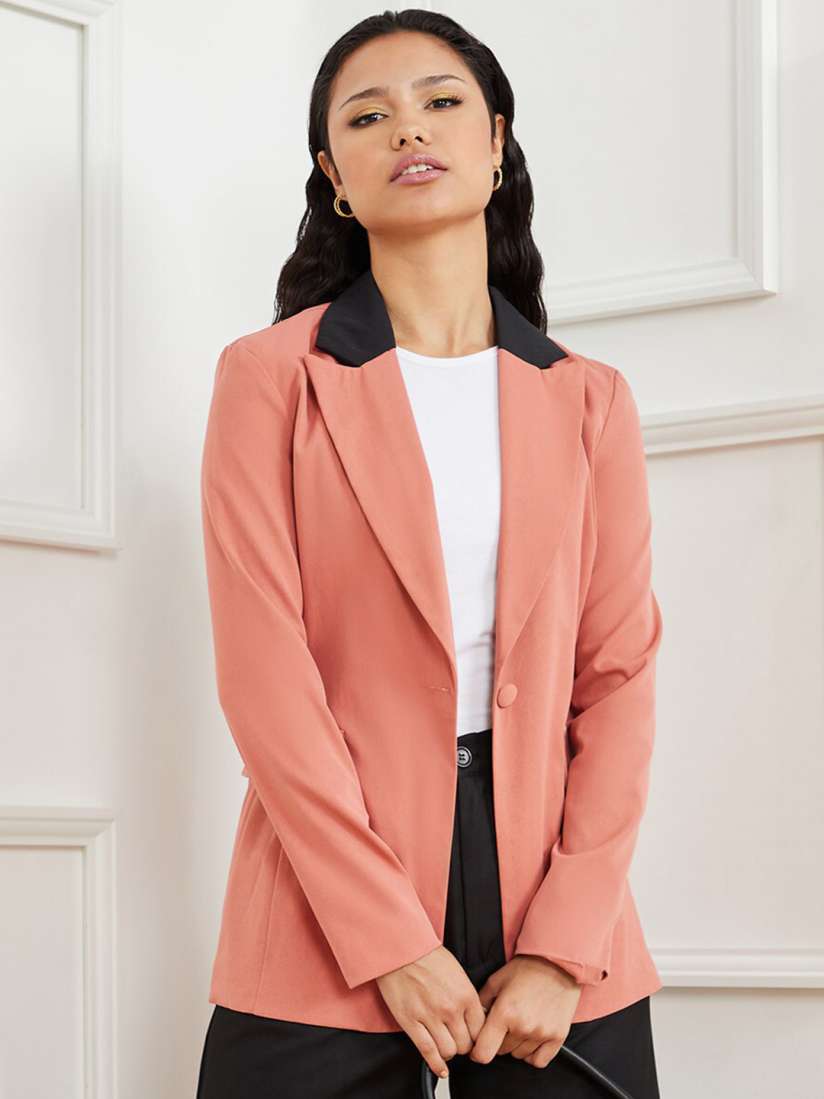 Buy Styli Women Peach Colored Contrast Collar Longline Blazer with Single Button Blazers for Women 19842262 Myntra