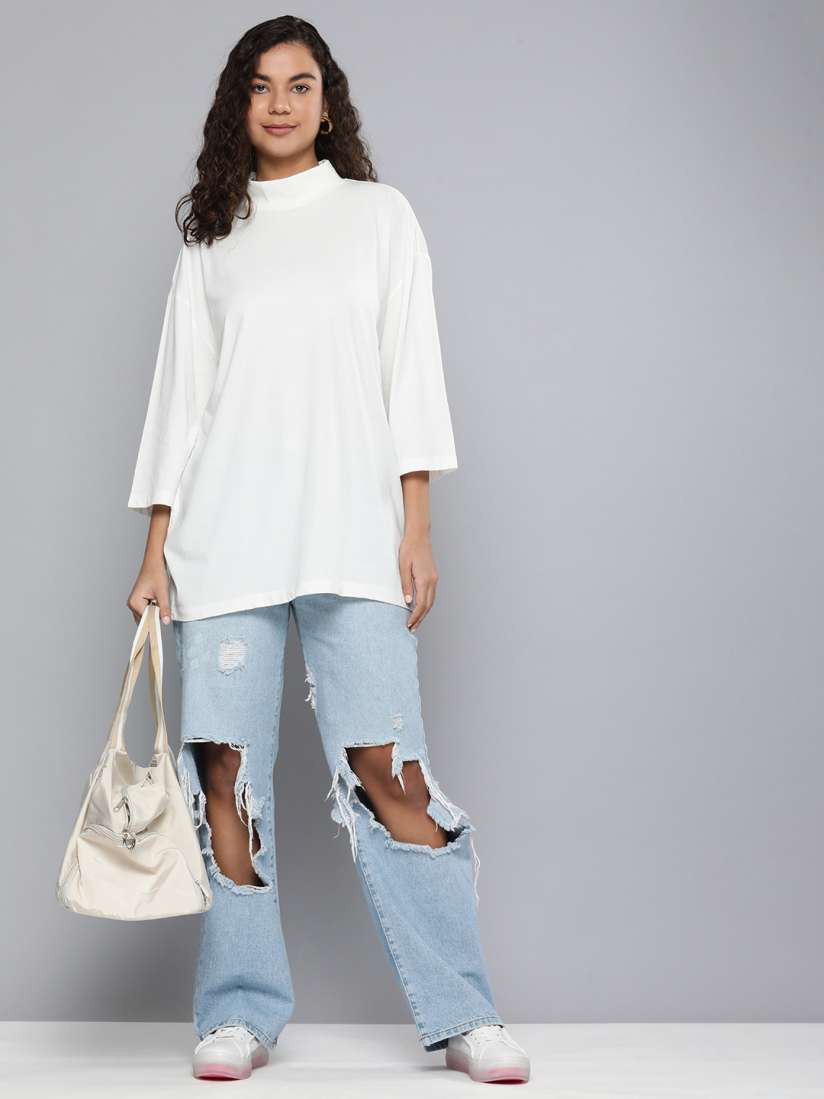 Buy HERE NOW Women Off White High Neck Pure Cotton Longline T shirt Tshirts for Women 19854700 Myntra