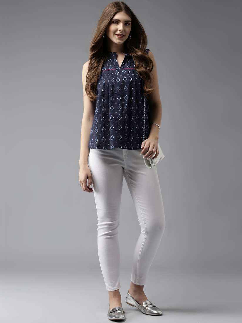 Buy HERE NOW Navy Blue Pleated Pure Cotton A Line Top Tops for Women 1986799 Myntra