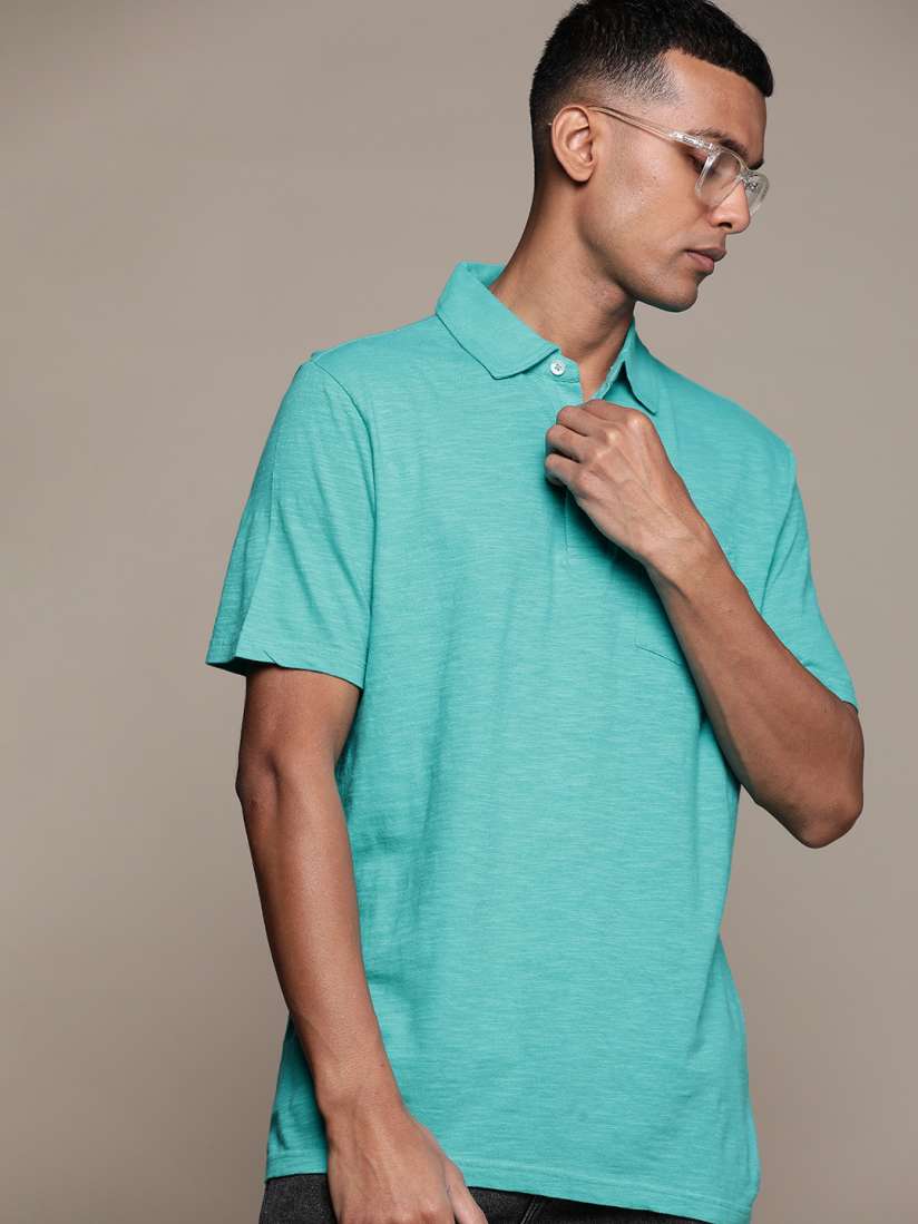 Buy Macy s Club Room Men Turquoise Blue Solid Polo Collar Pure Cotton T shirt Tshirts for Men 19873638 Myntra